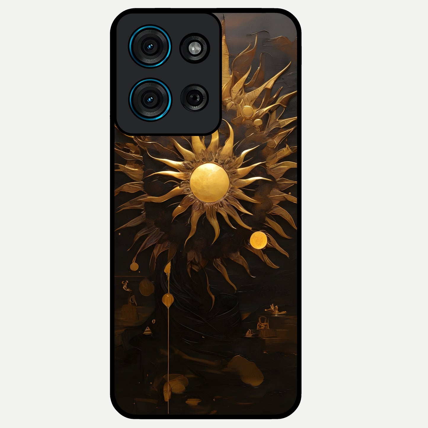 Golden Sun Majesty Glass Case showing flat back view with radiant golden sun artwork and glossy glass finish.