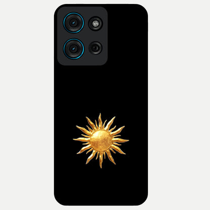 Golden Sun Minimalism Glass Case showing flat back view with minimal golden sun artwork and glossy glass finish.