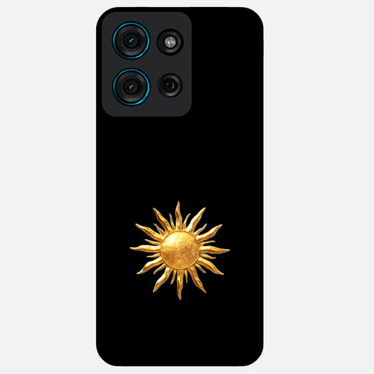 Golden Sun Minimalism Glass Case showing flat back view with minimal golden sun artwork and glossy glass finish.