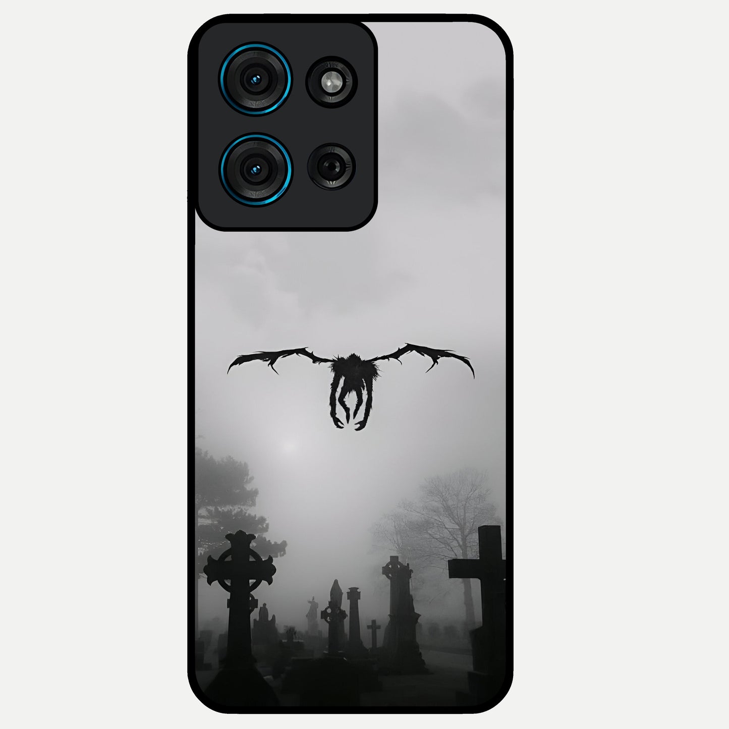 Graveyard Shadow Descent Glass Case showing flat back view with dark graveyard themed artwork and glossy glass finish.