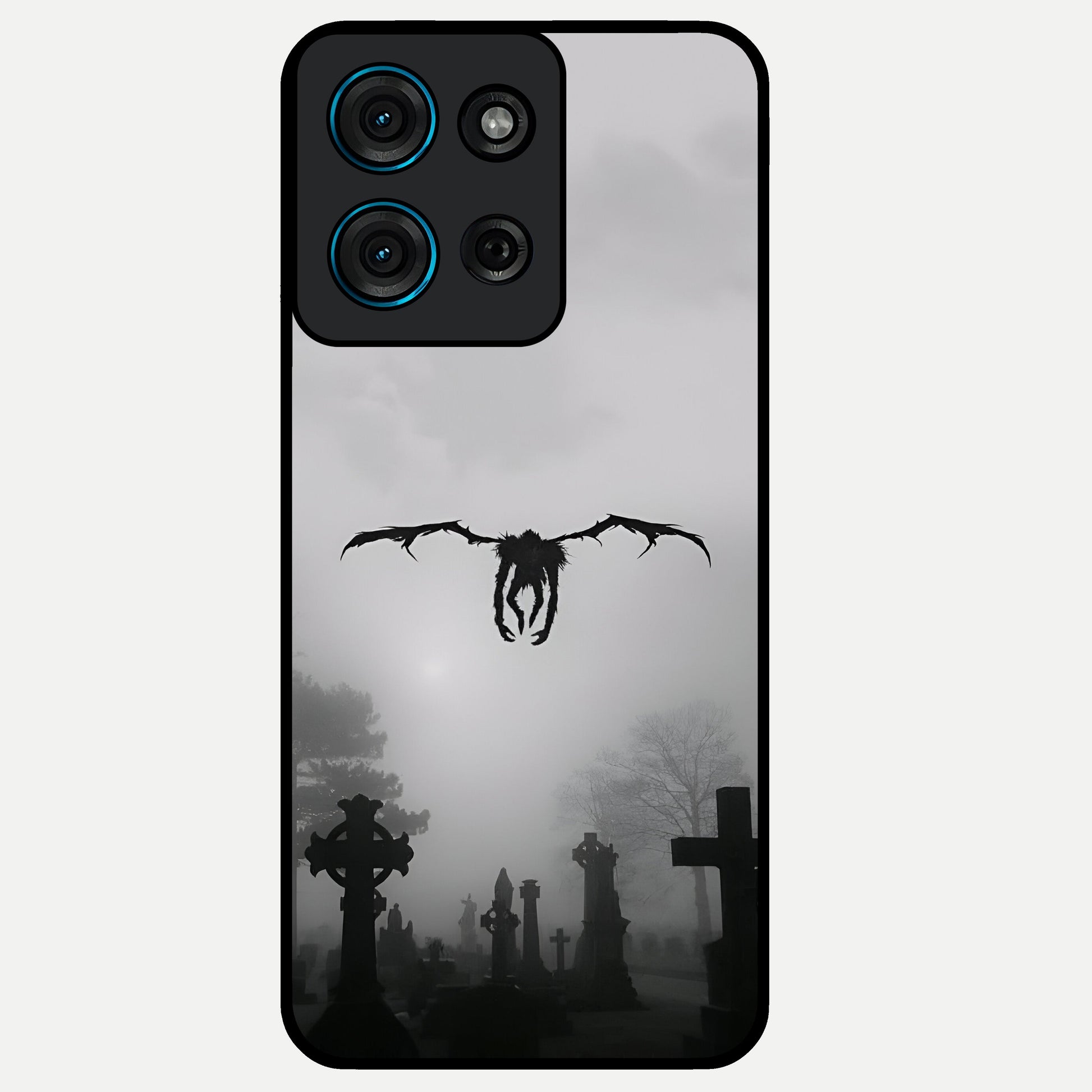 Graveyard Shadow Descent Glass Case showing flat back view with dark graveyard themed artwork and glossy glass finish.