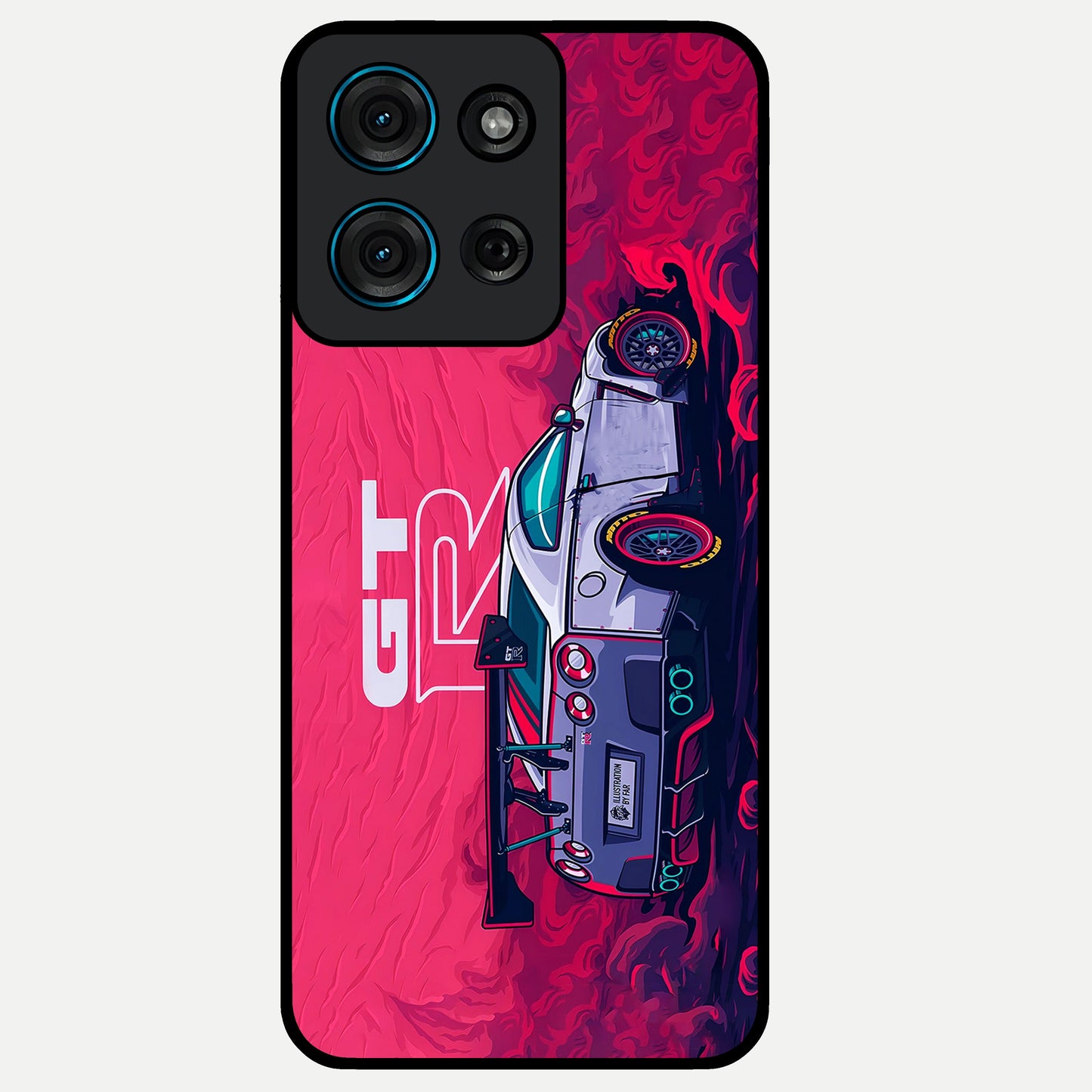 GT-R Car Pattern Glass Case showing flat back view with sporty car inspired pattern artwork and glossy glass finish.