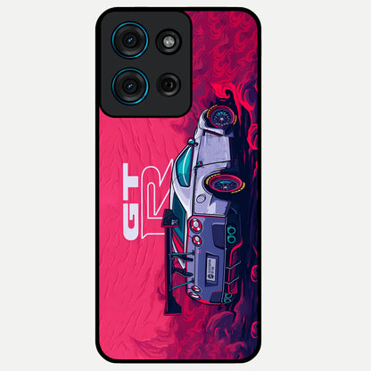 GT-R Car Pattern Glass Case showing flat back view with sporty car inspired pattern artwork and glossy glass finish.