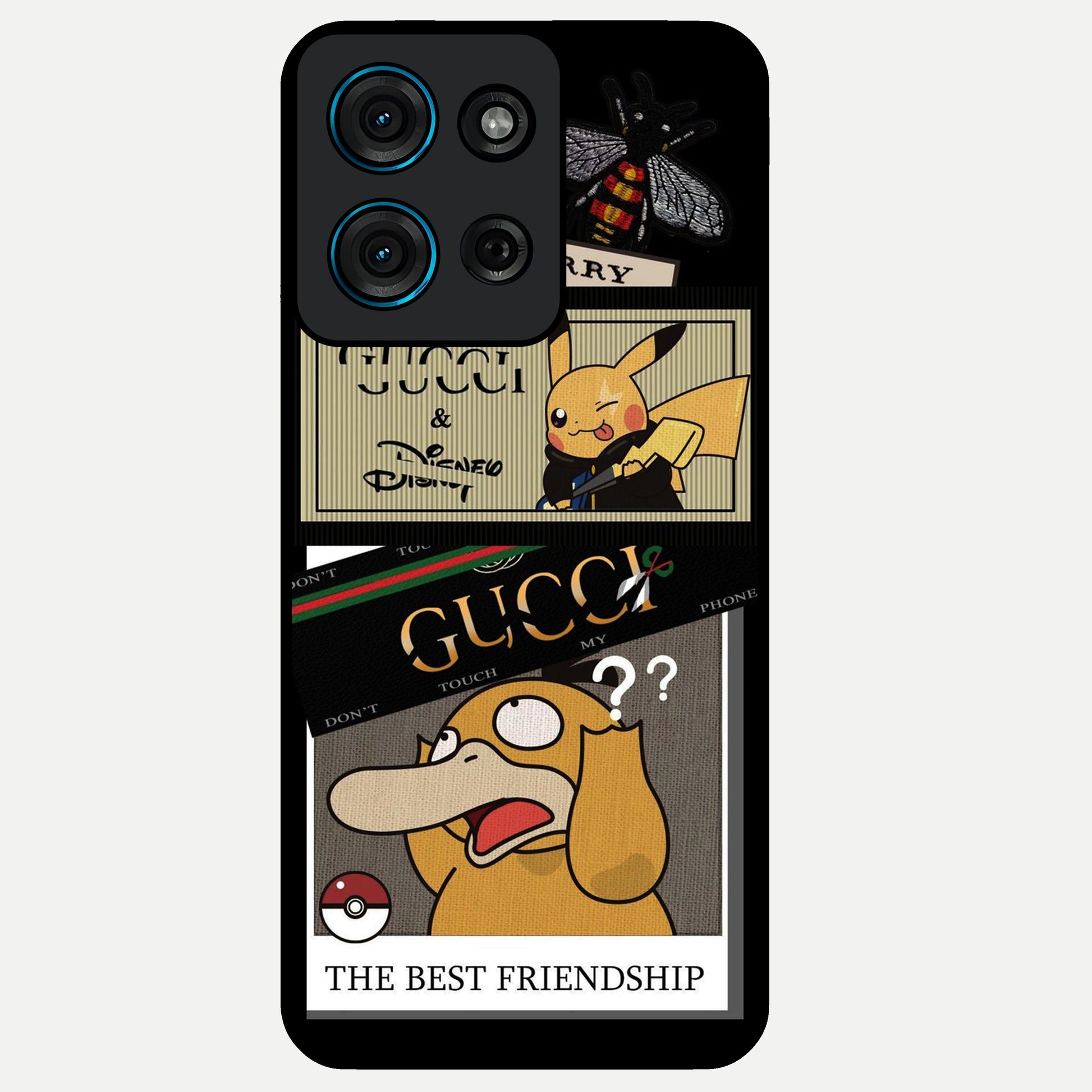 Gucci Play Mashup Glass Case showing flat back view with luxury inspired graphic artwork and glossy glass finish.