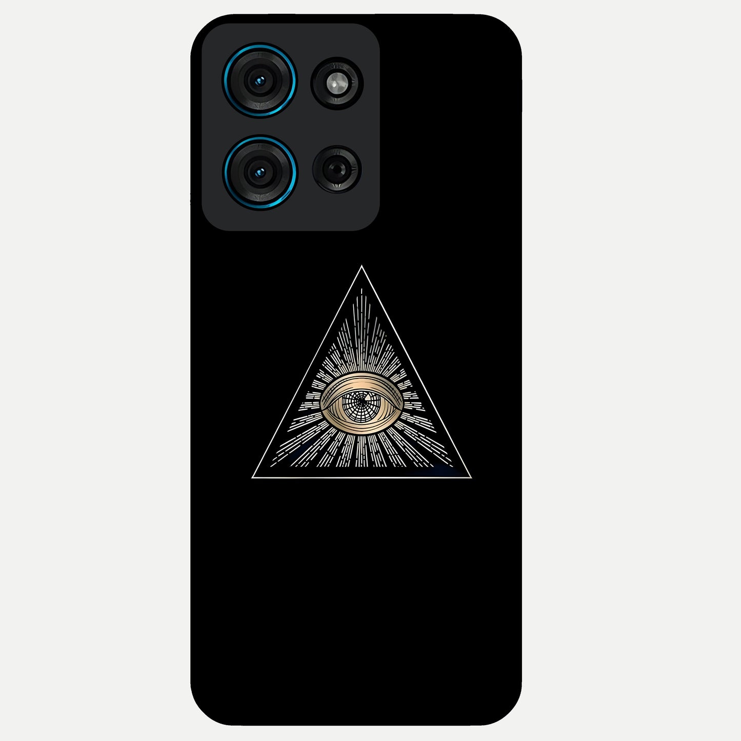 Illuminati Evil Glass Case showing flat back view with mysterious illuminati symbol artwork and glossy glass finish.