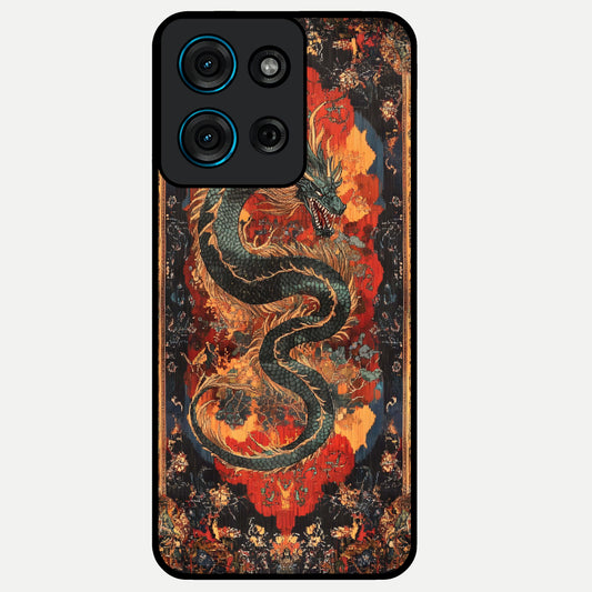 Inferno Dragon Soul Glass Case showing flat back view with fiery dragon artwork and glossy glass finish.