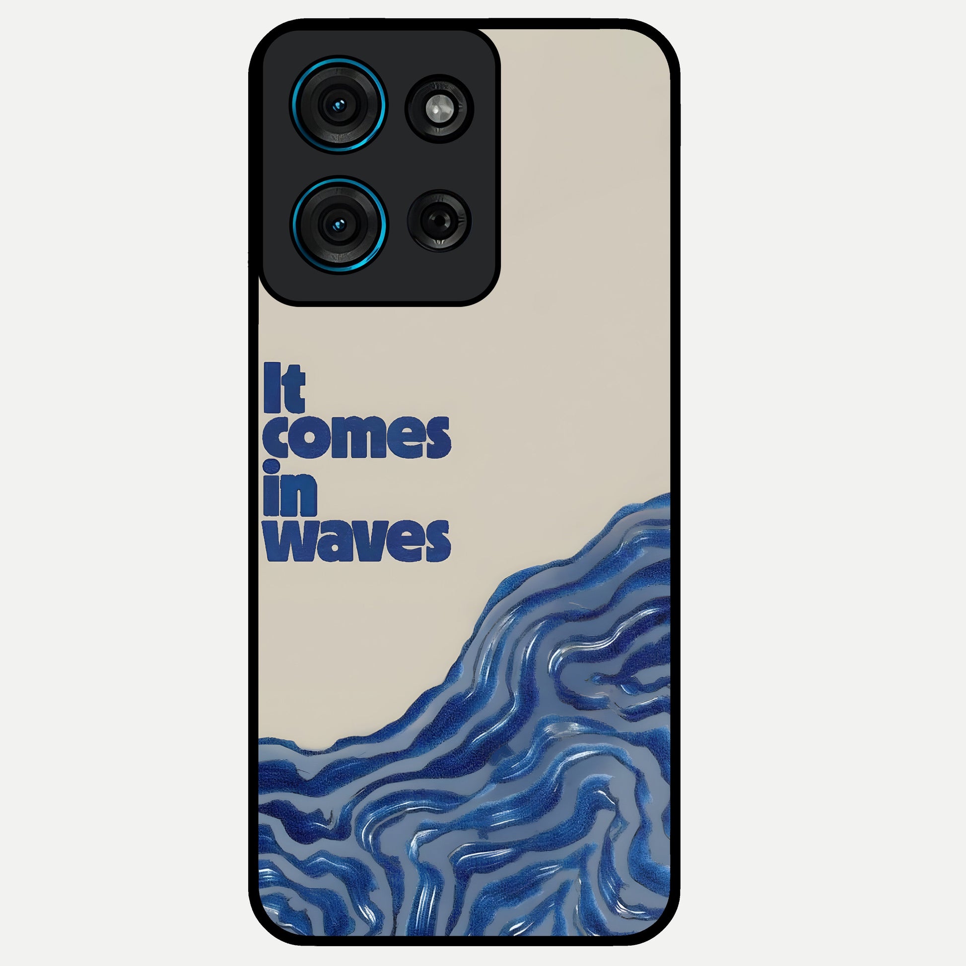 It Comes In Waves Quote Glass Case showing flat back view with inspirational wave themed quote artwork and glossy glass finish.