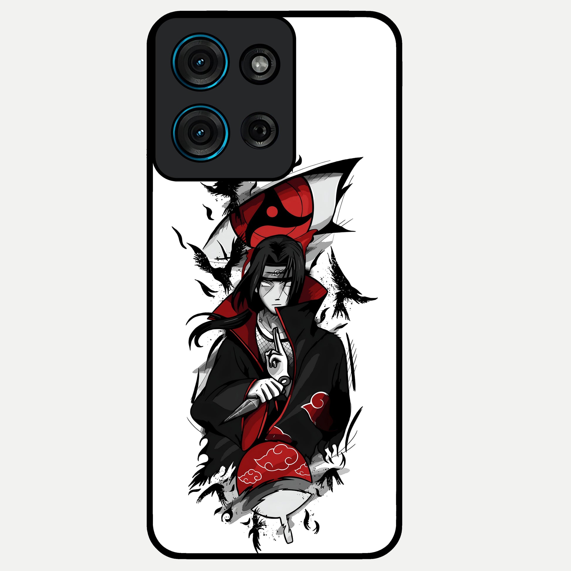 Itachi Sharingan Glass Case showing flat back view with powerful anime eye artwork and glossy glass finish.