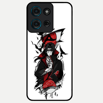 Itachi Sharingan Glass Case showing flat back view with powerful anime eye artwork and glossy glass finish.