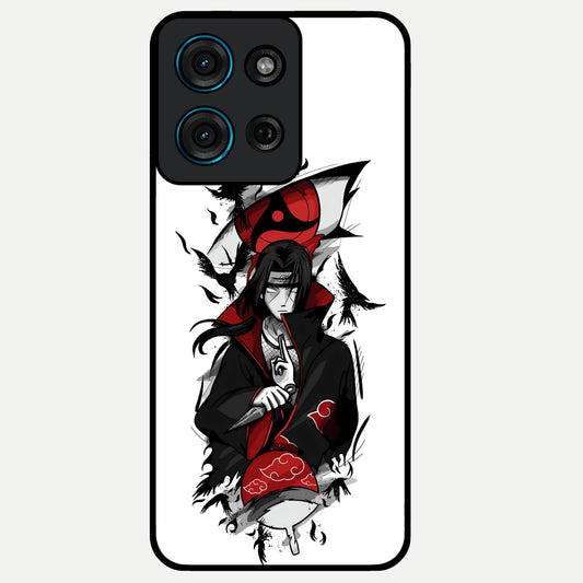 Itachi Sharingan Glass Case showing flat back view with powerful anime eye artwork and glossy glass finish.