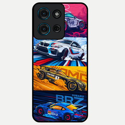 JDM Sports Car Glass Case showing flat back view with high performance sports car artwork and glossy glass finish.
