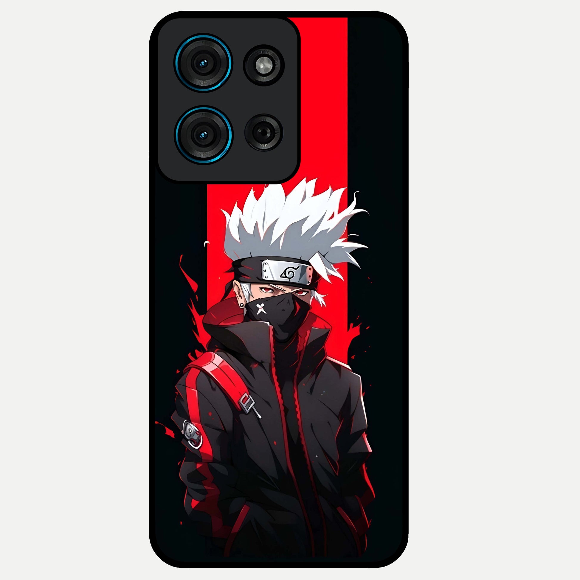 Kakashi Scarlet Shadow Glass Case showing flat back view with powerful anime ninja artwork and glossy glass finish.