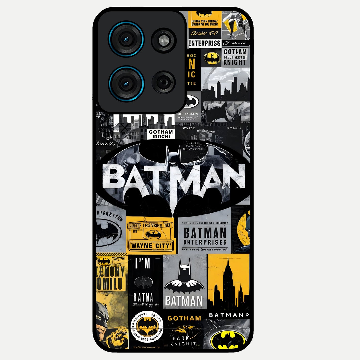 Knight Gotham Rise Glass Case showing flat back view with dark hero inspired artwork and glossy glass finish.