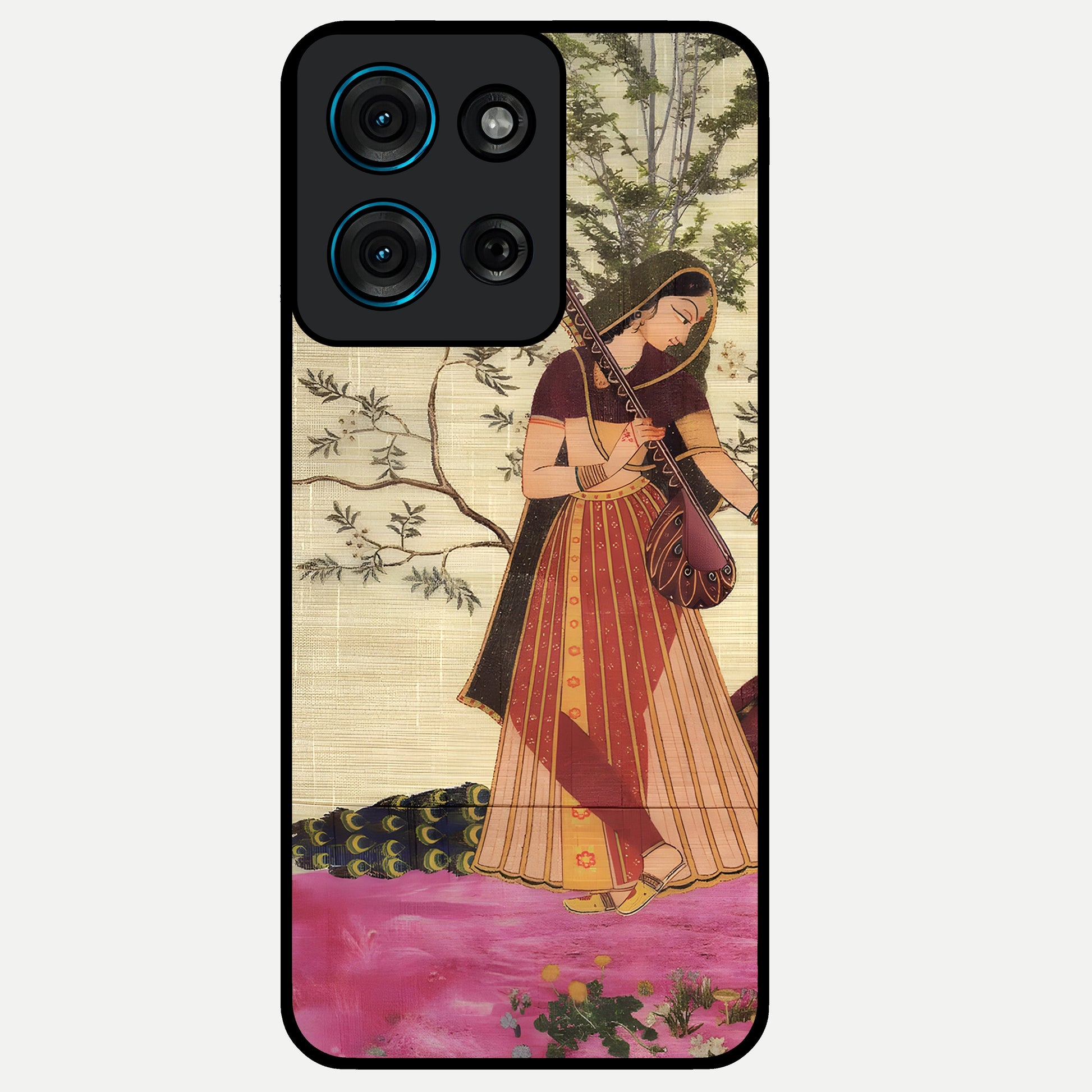Lady With Veena Art Glass Case showing flat back view with elegant woman playing veena artwork and glossy glass finish.