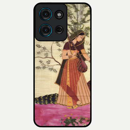 Lady With Veena Art Glass Case showing flat back view with elegant woman playing veena artwork and glossy glass finish.