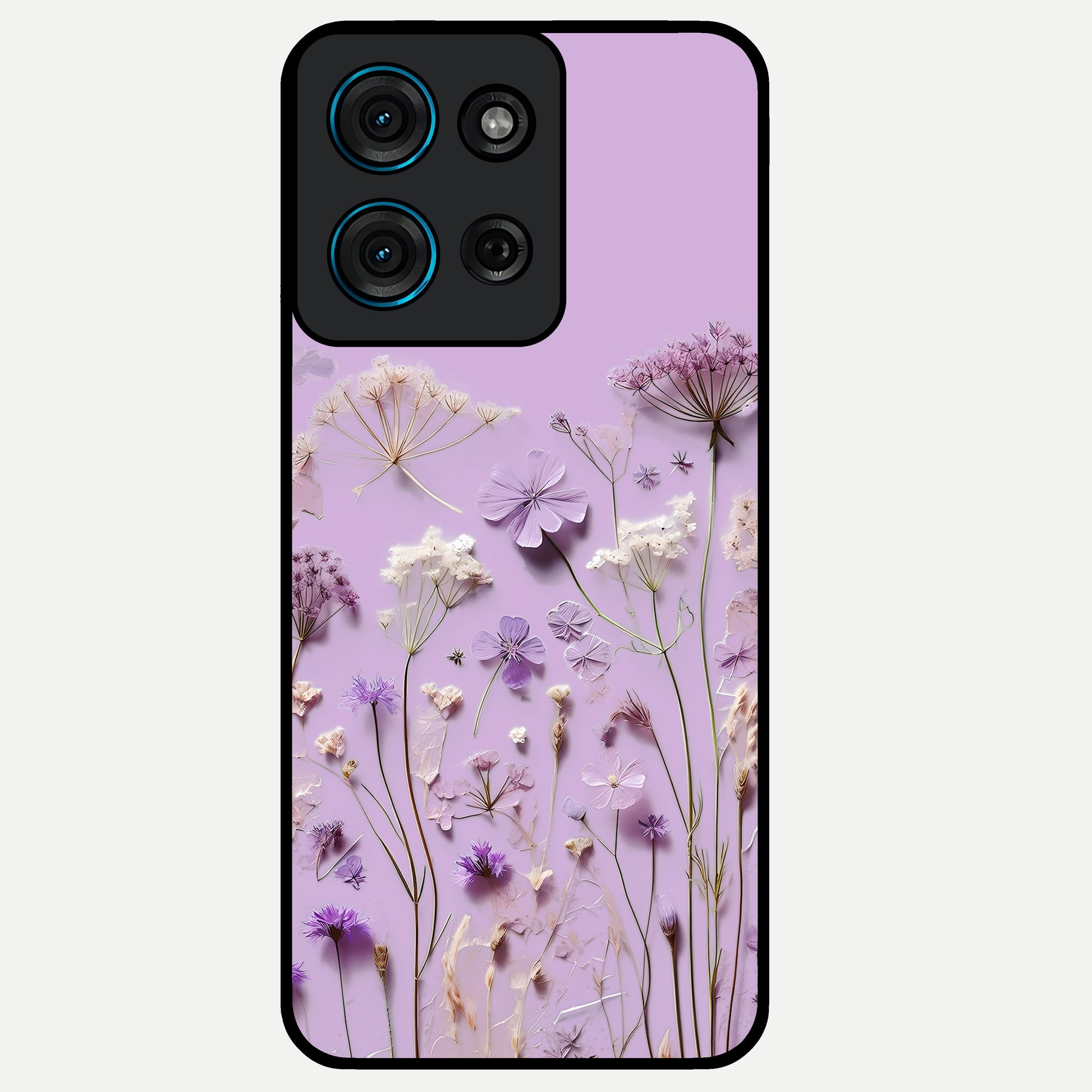 Lavender Blossom Dream Glass Case showing flat back view with soft lavender floral artwork and glossy glass finish.