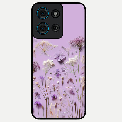 Lavender Blossom Dream Glass Case showing flat back view with soft lavender floral artwork and glossy glass finish.
