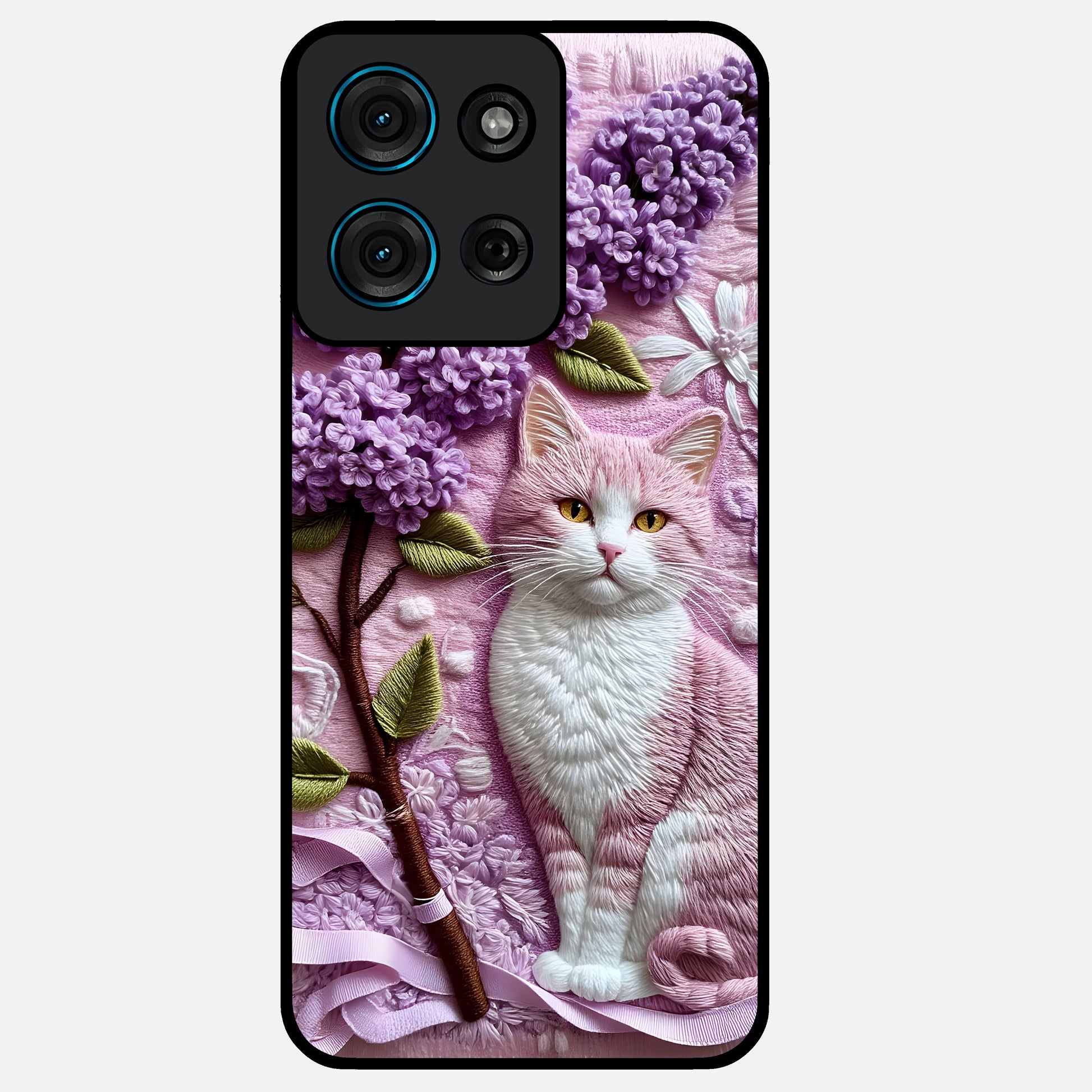 Lavender Cat Whimsy Glass Case showing flat back view with cute lavender cat artwork and glossy glass finish.