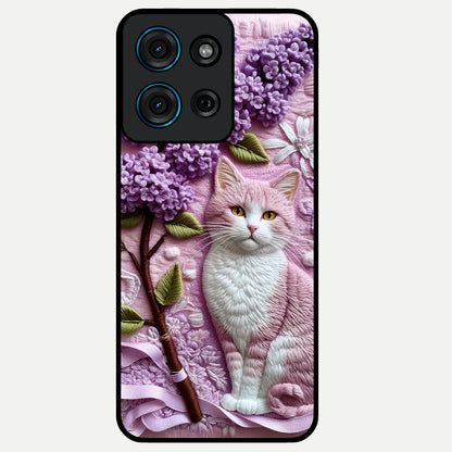 Lavender Cat Whimsy Glass Case showing flat back view with cute lavender cat artwork and glossy glass finish.