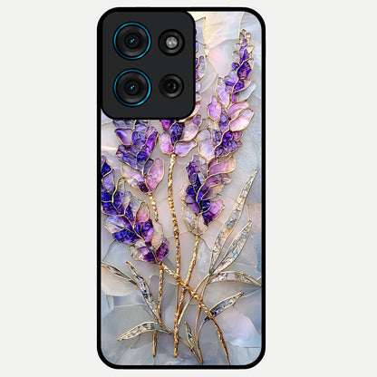Lavender Dream Glow Glass Case showing flat back view with glowing lavender aesthetic artwork and glossy glass finish.