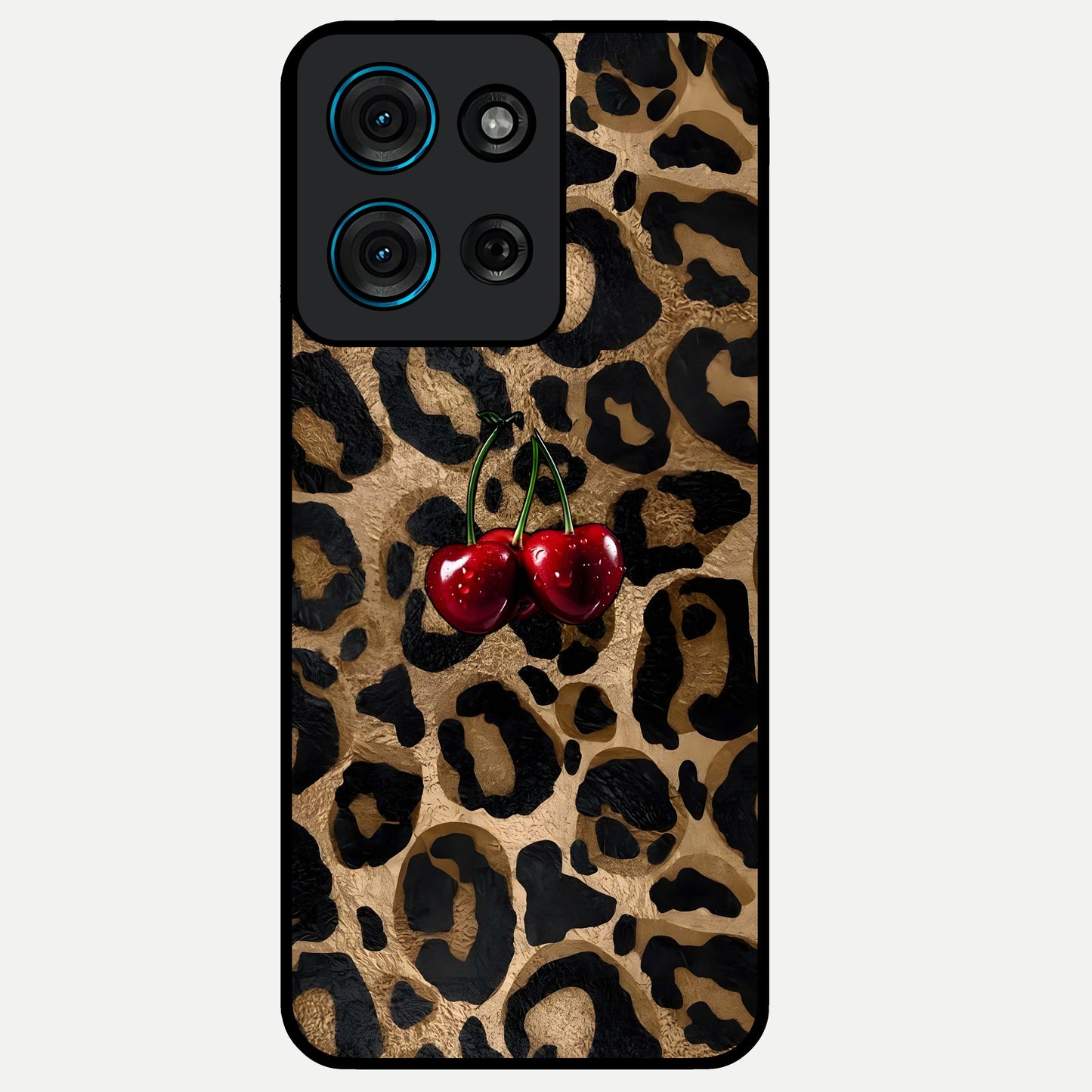 Leopard Wild Cherry Glass Case showing flat back view with leopard pattern and cherry artwork and glossy glass finish.