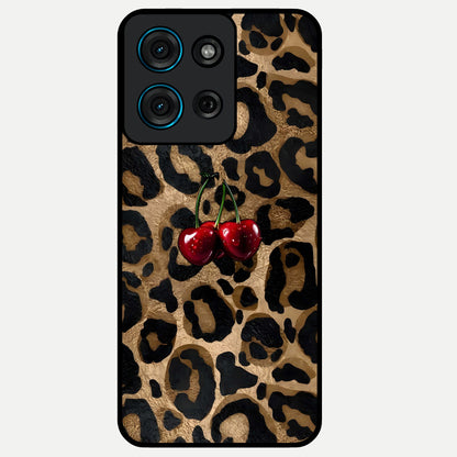 Leopard Wild Cherry Glass Case showing flat back view with leopard pattern and cherry artwork and glossy glass finish.