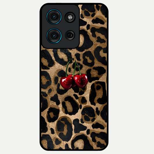 Leopard Wild Cherry Glass Case showing flat back view with leopard pattern and cherry artwork and glossy glass finish.