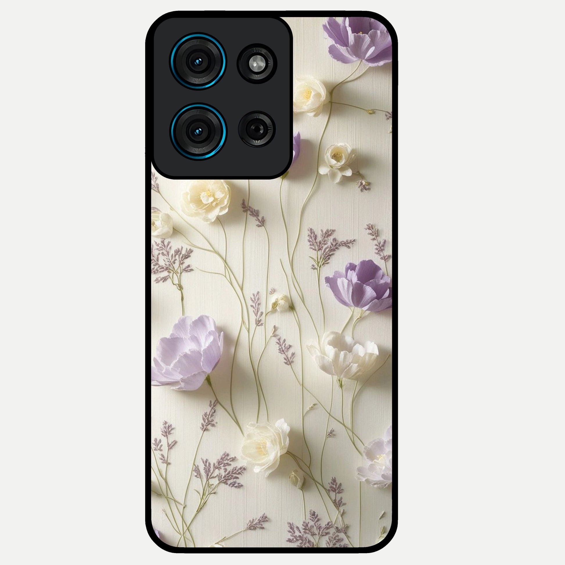 Lilac Breeze Harmony Glass Case showing flat back view with soft lilac themed artwork and glossy glass finish.