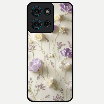 Lilac Breeze Harmony Glass Case showing flat back view with soft lilac themed artwork and glossy glass finish.