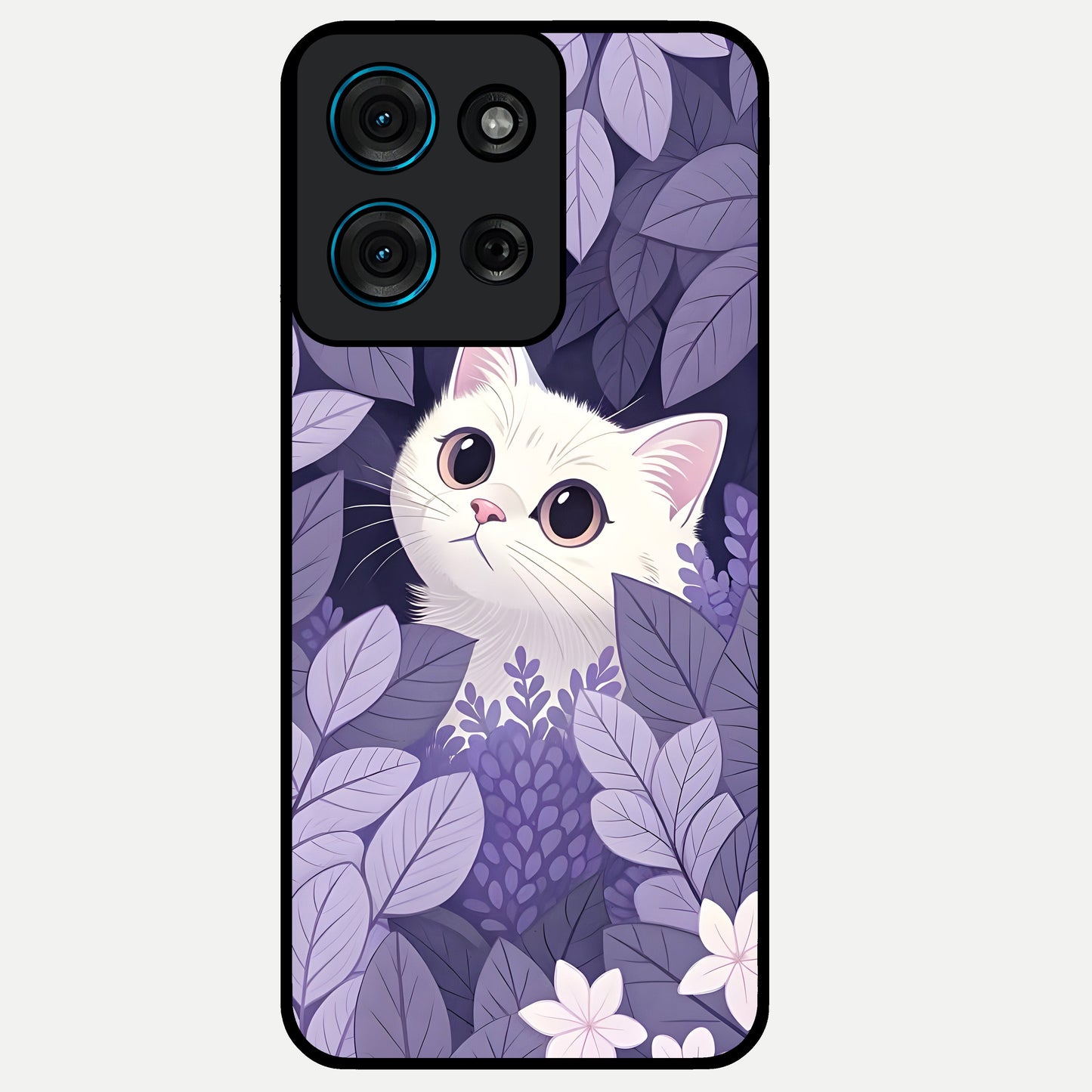 Lilac Hide Peek Cat Glass Case showing flat back view with cute peeking cat artwork and glossy glass finish.