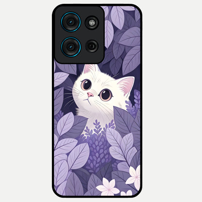Lilac Hide Peek Cat Glass Case showing flat back view with cute peeking cat artwork and glossy glass finish.