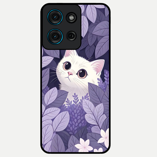 Lilac Hide Peek Cat Glass Case showing flat back view with cute peeking cat artwork and glossy glass finish.