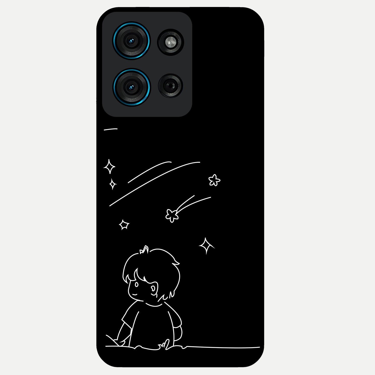 Line Art Boy With Shooting Stars Glass Case showing flat back view with minimal line art boy and shooting stars illustration and glossy glass finish.