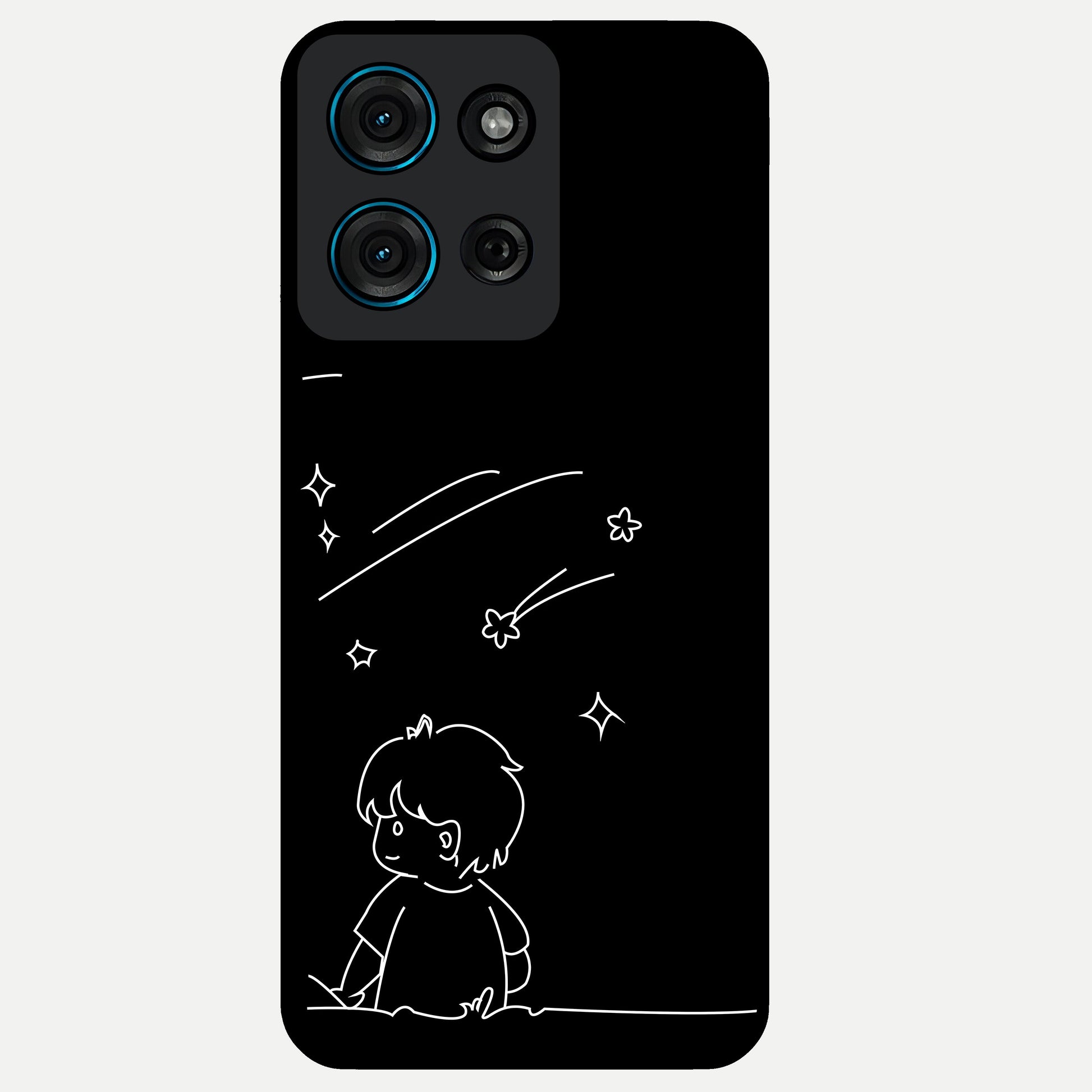Line Art Boy With Shooting Stars Glass Case showing flat back view with minimal line art boy and shooting stars illustration and glossy glass finish.