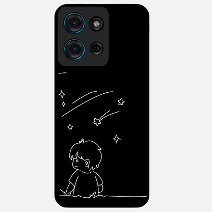 Line Art Boy With Shooting Stars Glass Case showing flat back view with minimal line art boy and shooting stars illustration and glossy glass finish.