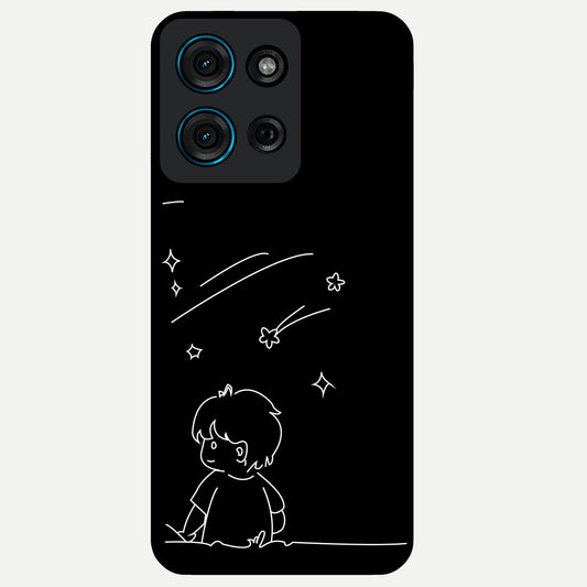 Line Art Boy With Shooting Stars Glass Case showing flat back view with minimal line art boy and shooting stars illustration and glossy glass finish.