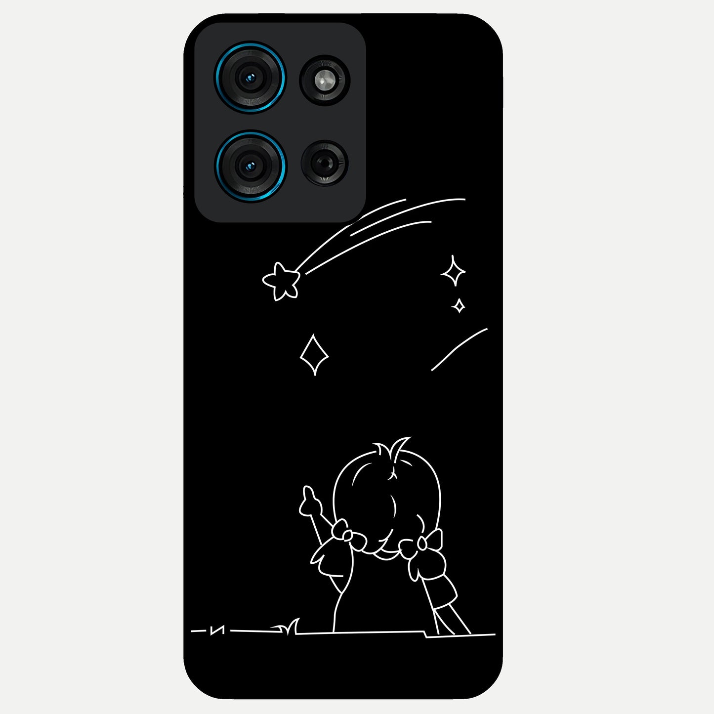 Line Art Girl With Shooting Stars Glass Case showing flat back view with minimal line art girl and shooting stars illustration and glossy glass finish.