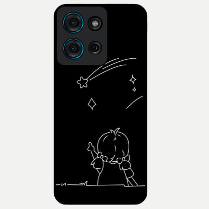 Line Art Girl With Shooting Stars Glass Case showing flat back view with minimal line art girl and shooting stars illustration and glossy glass finish.