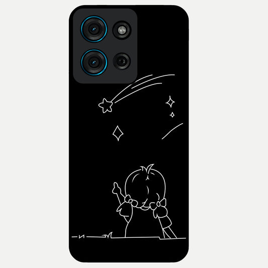 Line Art Girl With Shooting Stars Glass Case showing flat back view with minimal line art girl and shooting stars illustration and glossy glass finish.
