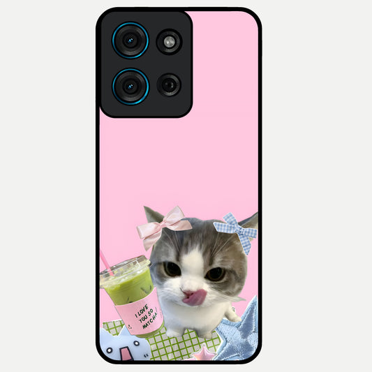 Love Matcha Cat Glass Case showing flat back view with cute cat and matcha themed artwork and glossy glass finish.