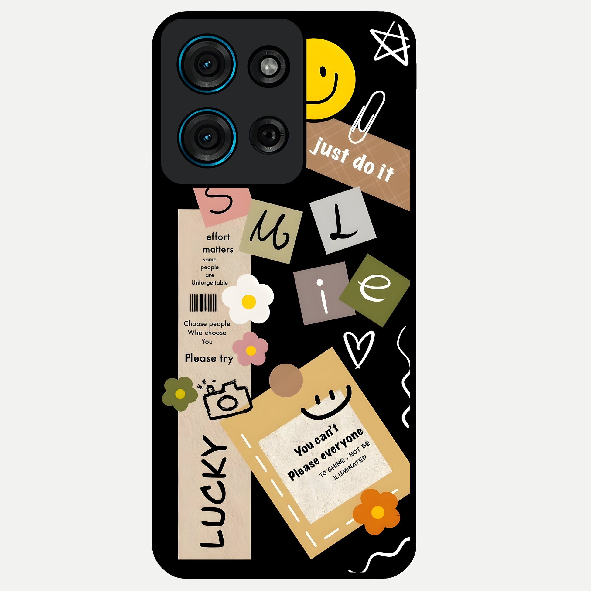 Lucky Aesthetic Collage Glass Case showing flat back view with trendy aesthetic collage artwork and glossy glass finish.