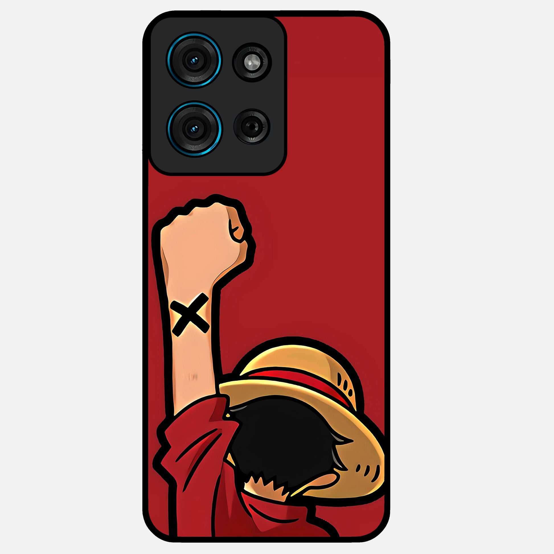 Luffy X Spirit Glass Case showing flat back view with bold anime character artwork and glossy glass finish.