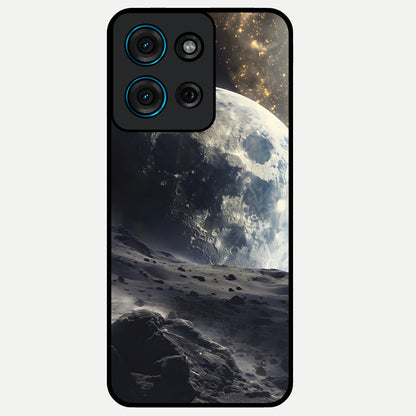 Lunar Horizon Glow Glass Case showing flat back view with glowing moon horizon artwork and glossy glass finish.