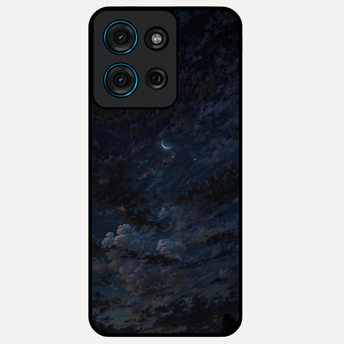 Lunar Veil Silence Glass Case showing flat back view with mystical moon veil artwork and glossy glass finish.
