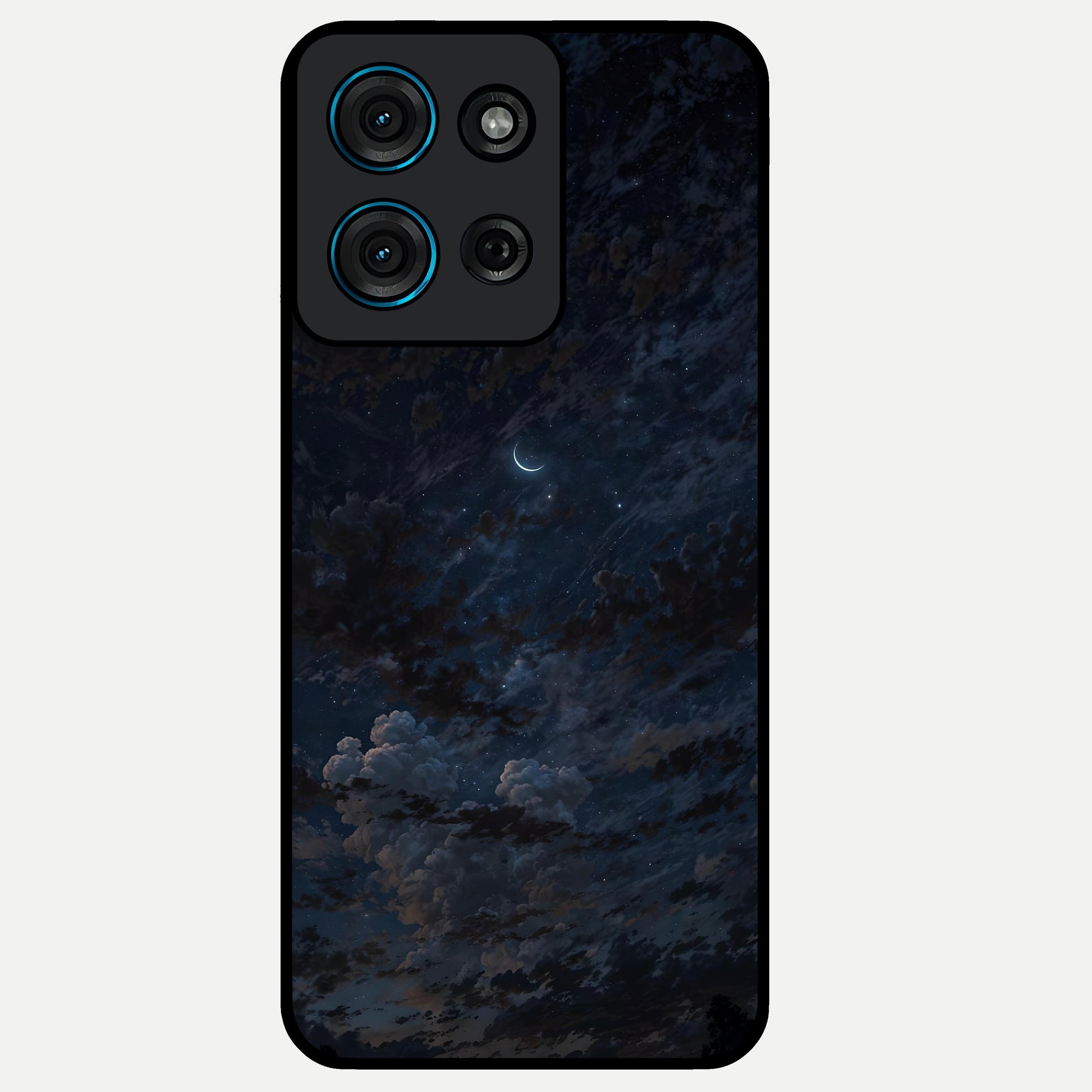 Lunar Veil Silence Glass Case showing flat back view with mystical moon veil artwork and glossy glass finish.