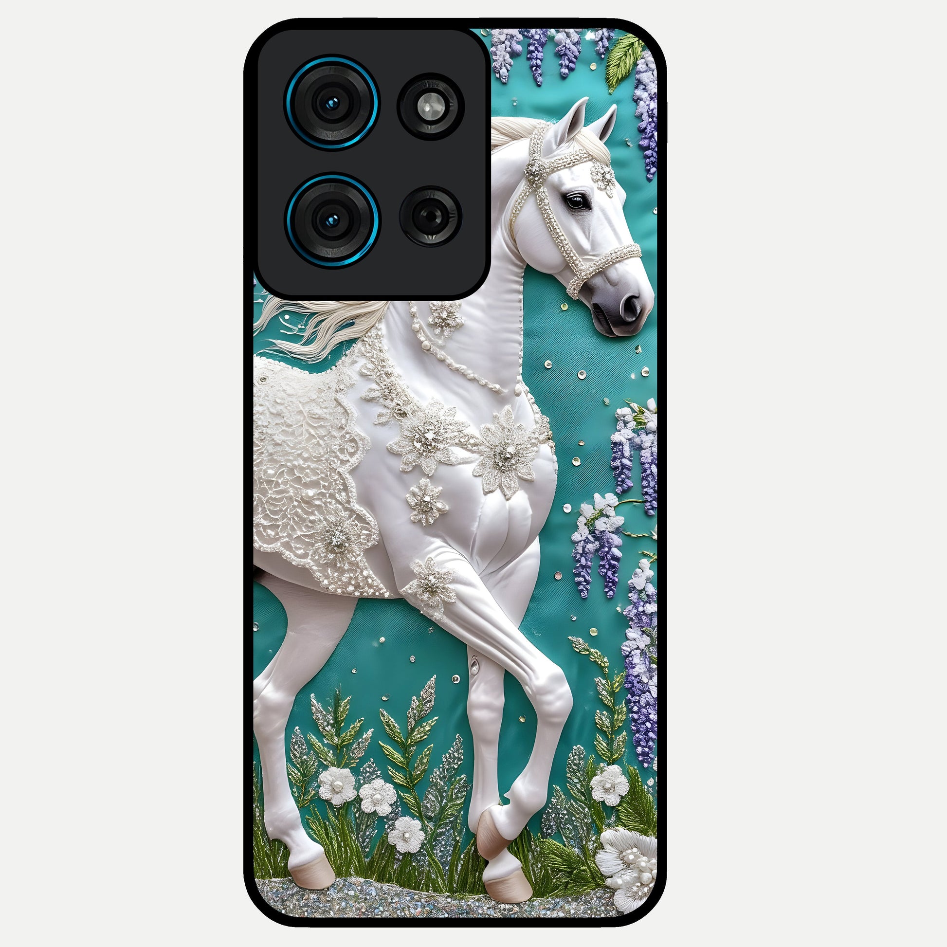 Majestic Floral Stallion Glass Case showing flat back view with powerful horse and floral artwork and glossy glass finish.