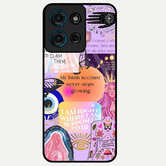 Manifestation Collage Glass Case showing flat back view with motivational collage artwork and glossy glass finish.