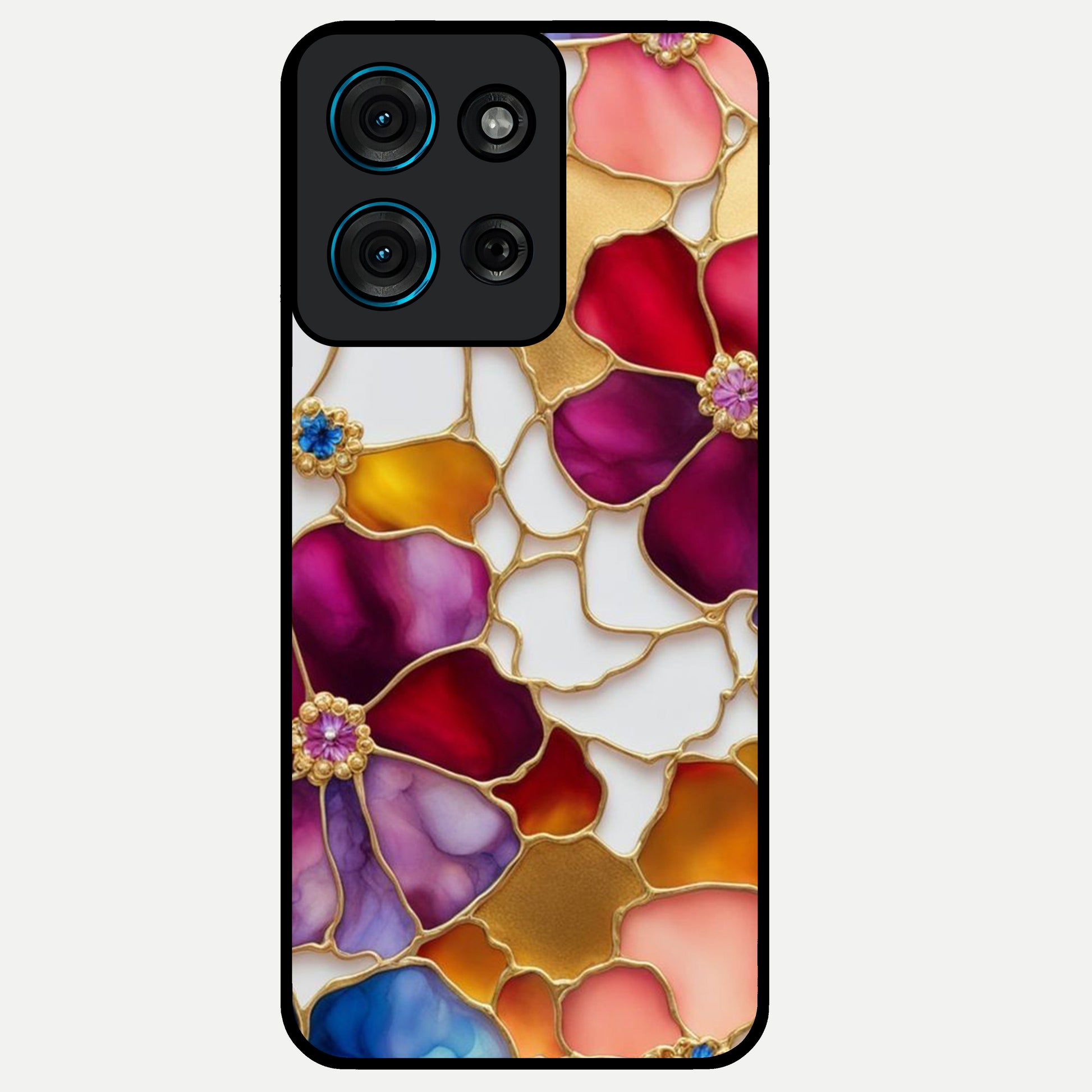 Marble Flower Pattern Glass Case showing flat back view with marble texture floral artwork and glossy glass finish.