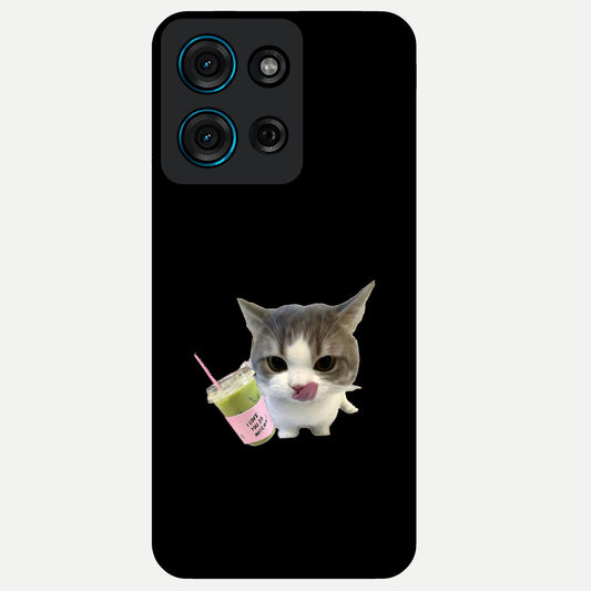 Matcha Cat Style Glass Case showing flat back view with cute matcha themed cat artwork and glossy glass finish.