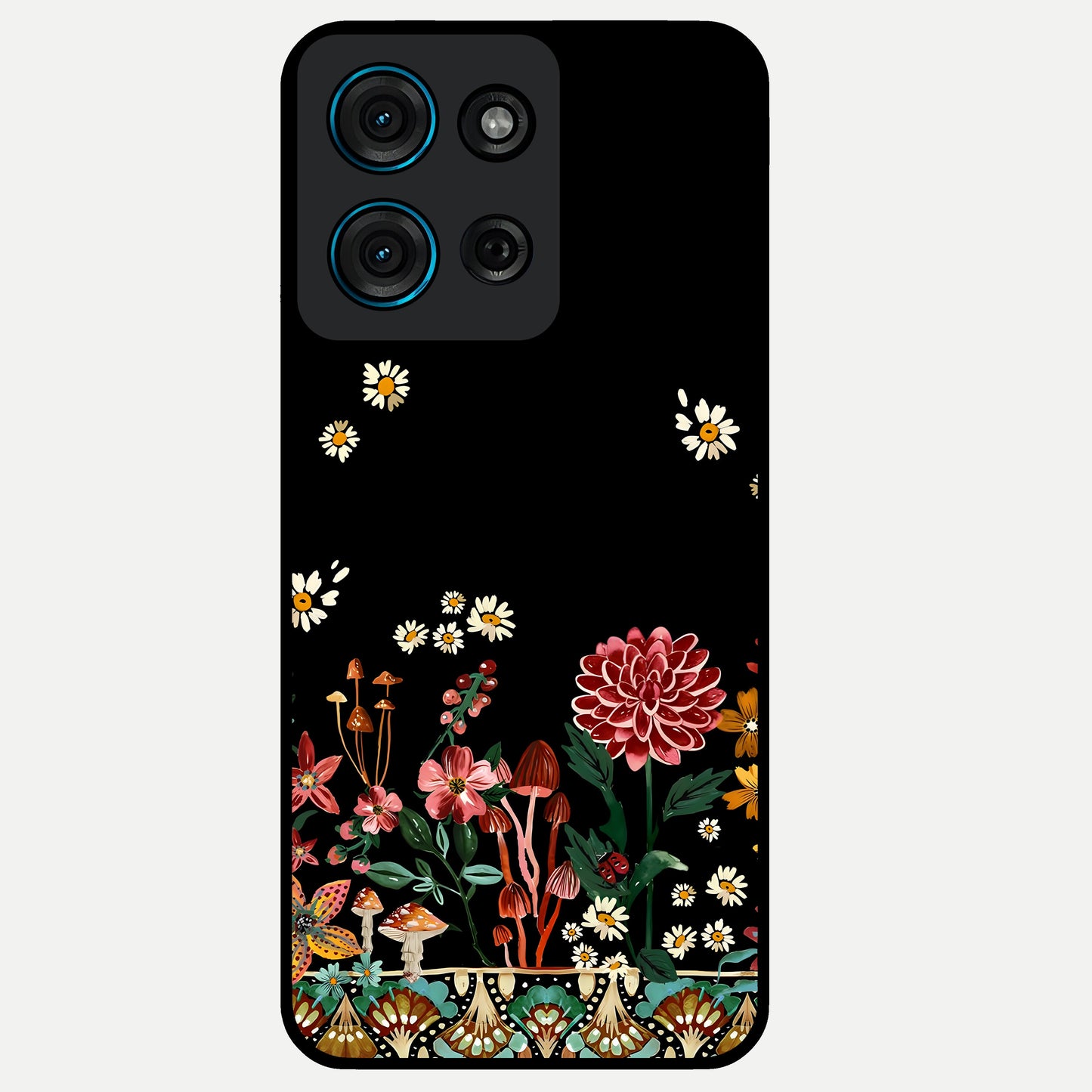 Midnight Bloom Pattern Glass Case showing flat back view with dark floral pattern artwork and glossy glass finish.